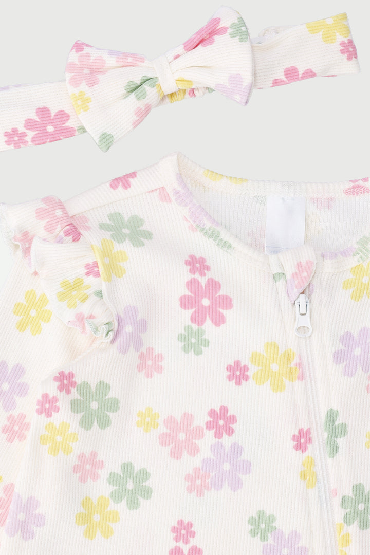Baby Girls Floral Print Sleepsuit With Headband - Light Pink