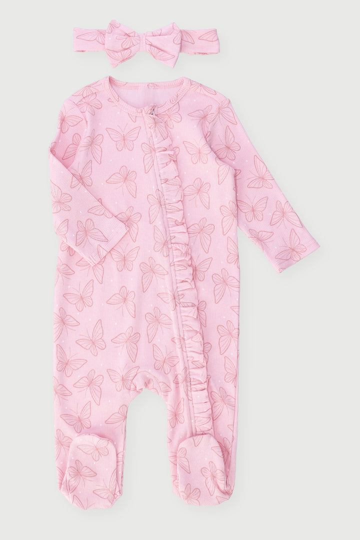 Baby Girls Bow Print Sleepsuit With Headband - Pink
