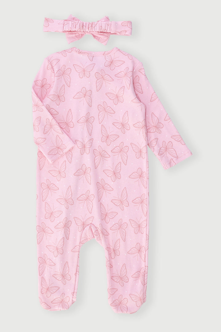 Baby Girls Bow Print Sleepsuit With Headband - Pink