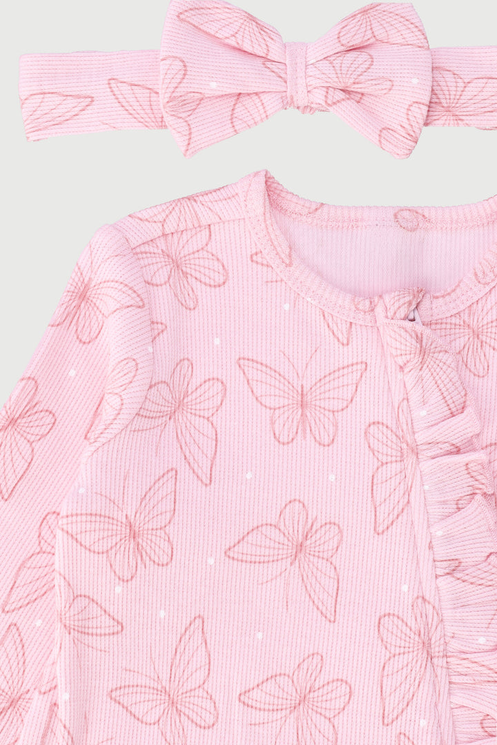 Baby Girls Bow Print Sleepsuit With Headband - Pink