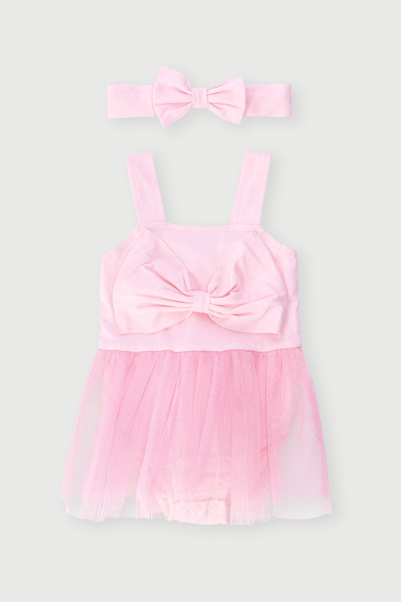 Baby Girls Tulle Bow Fashion Romper - Pink