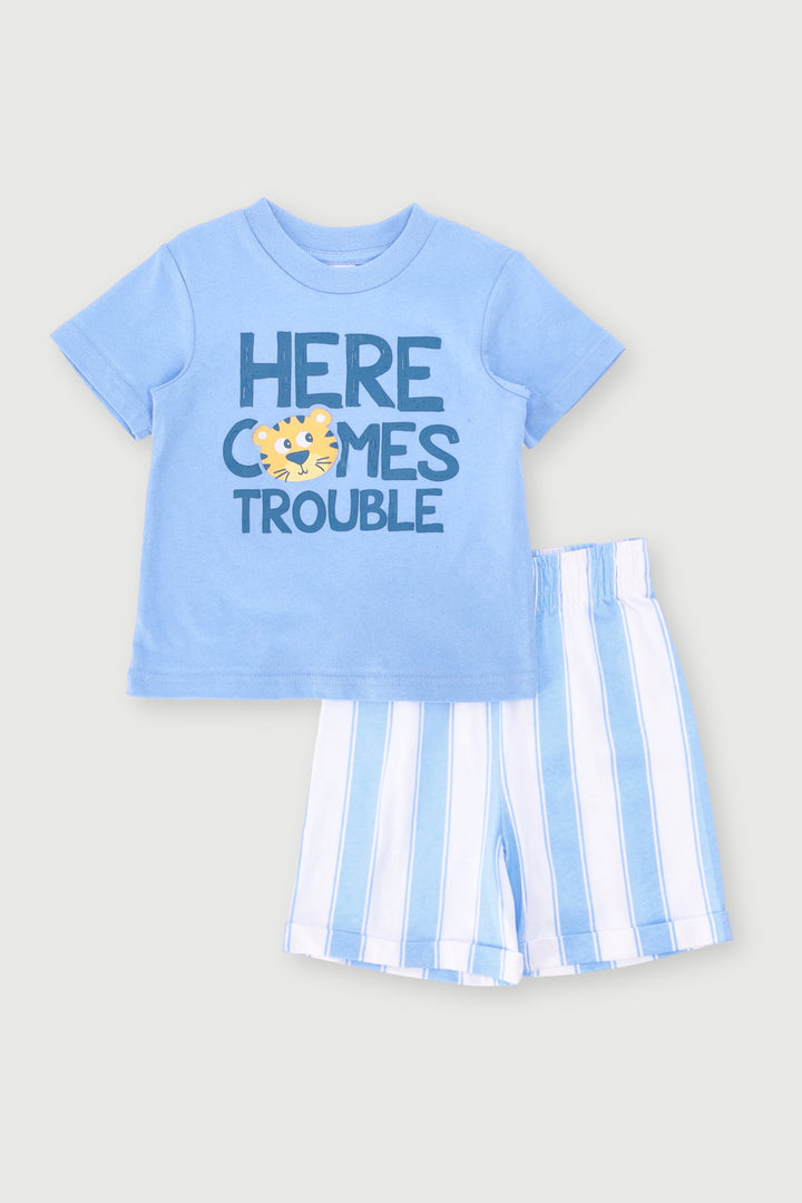 Baby Boys Here Comes Trouble Knit Set - Light Blue