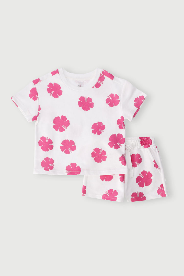 Pre-Girls Short Sleeve Hibiscus Fleece Set - Cream