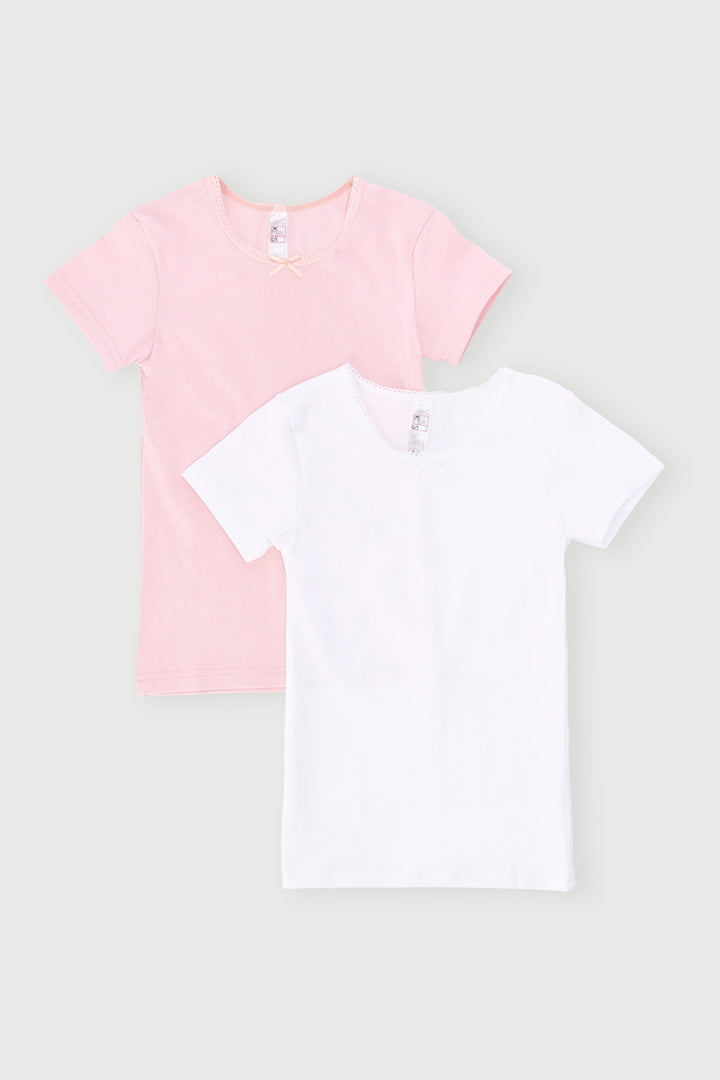 Pre-Girls 2 Pack Short Sleeve Cotton Vest - Pink/White