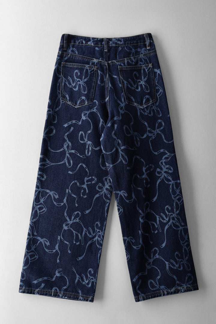 Girls Bow Detail Wide Leg Denim - Dark Wash