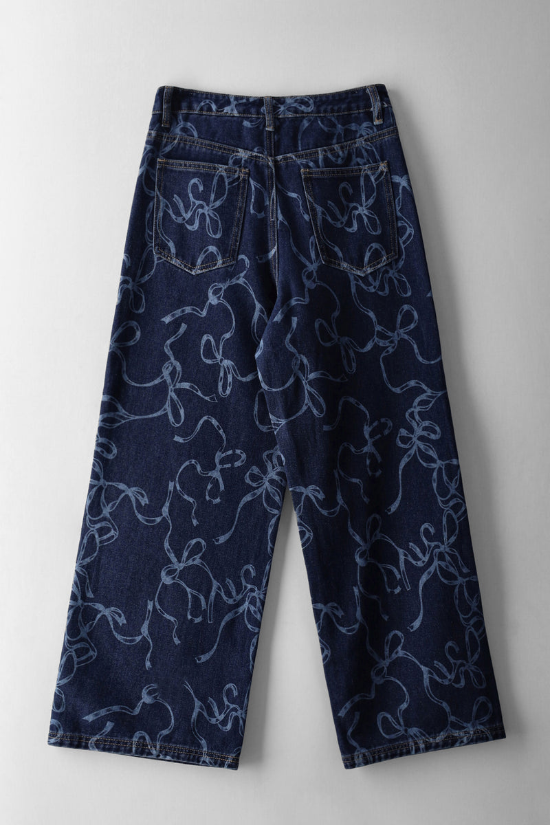 Girls Bow Detail Wide Leg Denim - Dark Wash