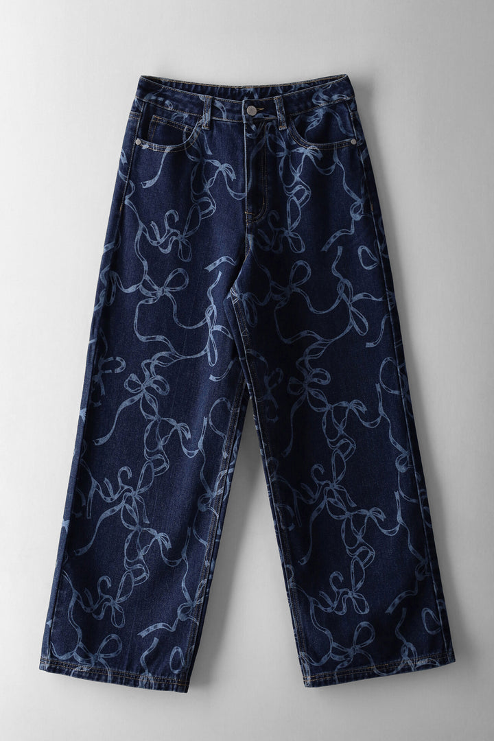 Girls Bow Detail Wide Leg Denim - Dark Wash
