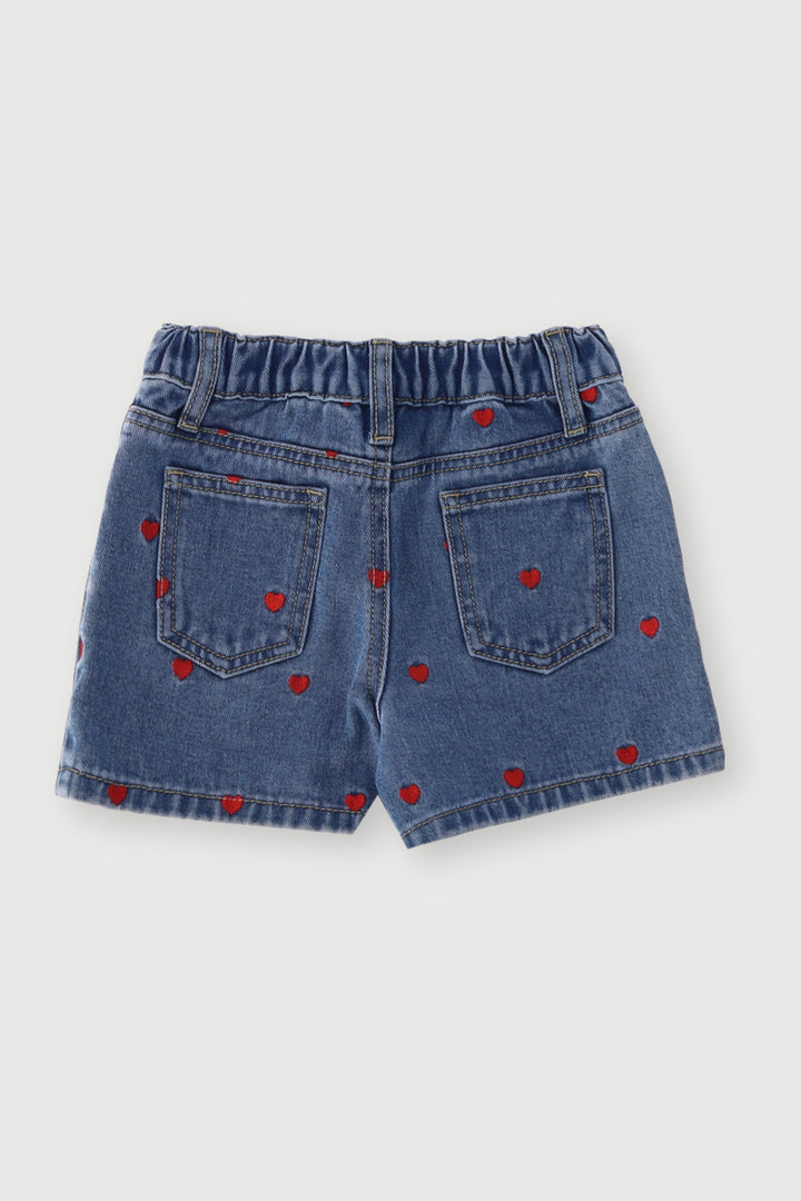 Pre-Girls Hearts Embroidery Denim Shorts - Mid Blue