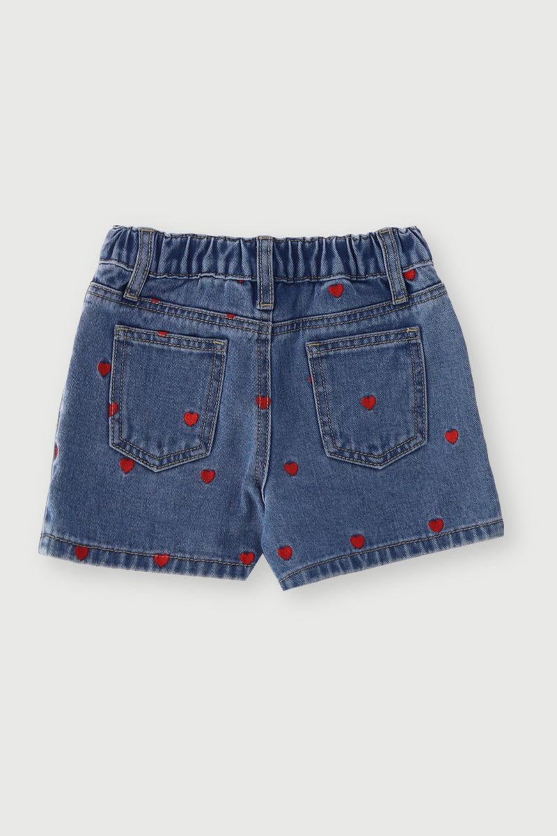 Pre-Girls Hearts Embroidery Denim Shorts - Mid Blue