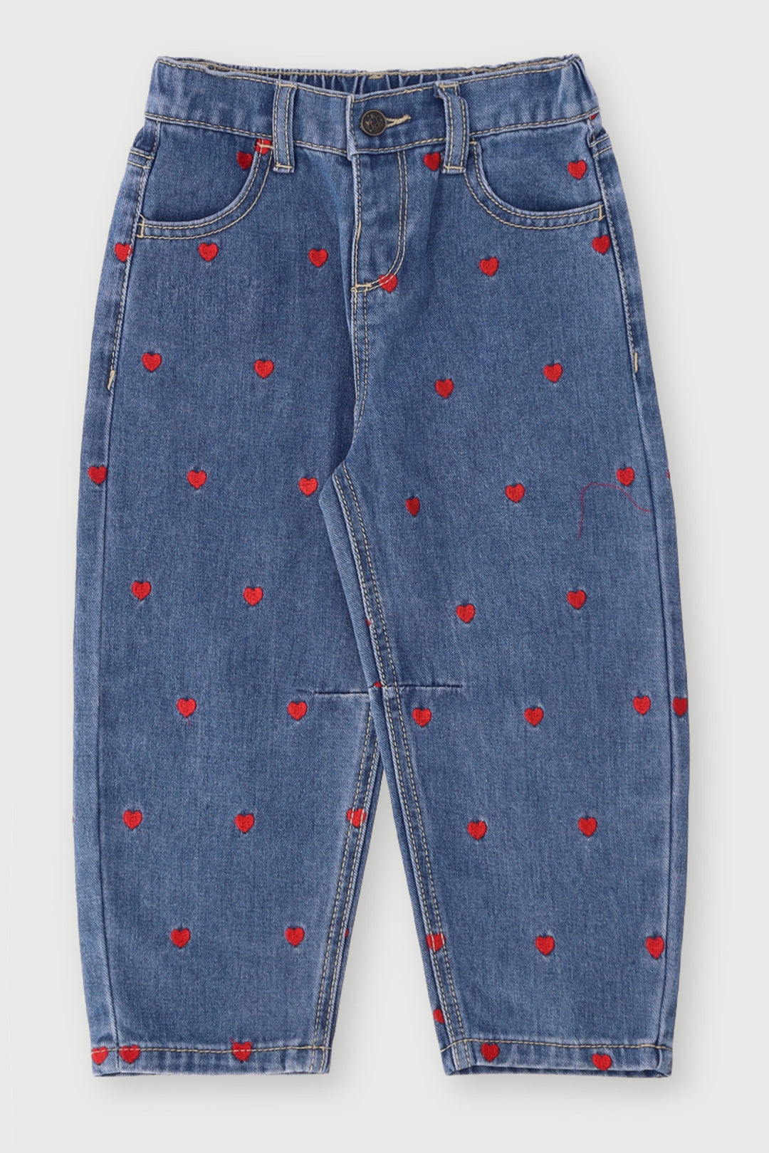Pre-Girls Hearts Embroidery Mom Jean - Mid Blue