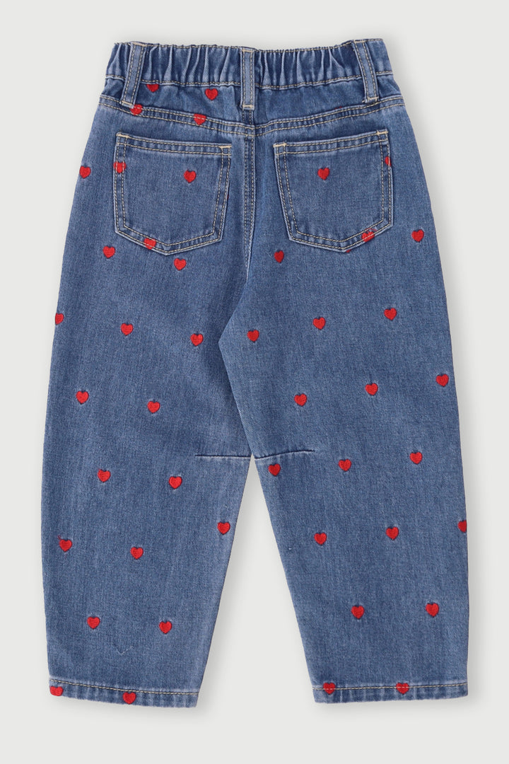 Pre-Girls Hearts Embroidery Mom Jean - Mid Blue