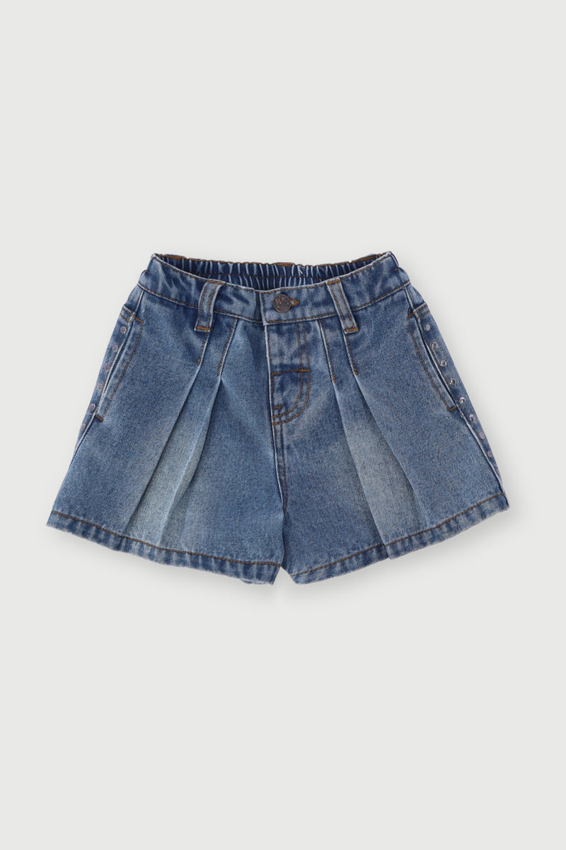 Pre-Girls Pleated Denim Shorts - Light Blue