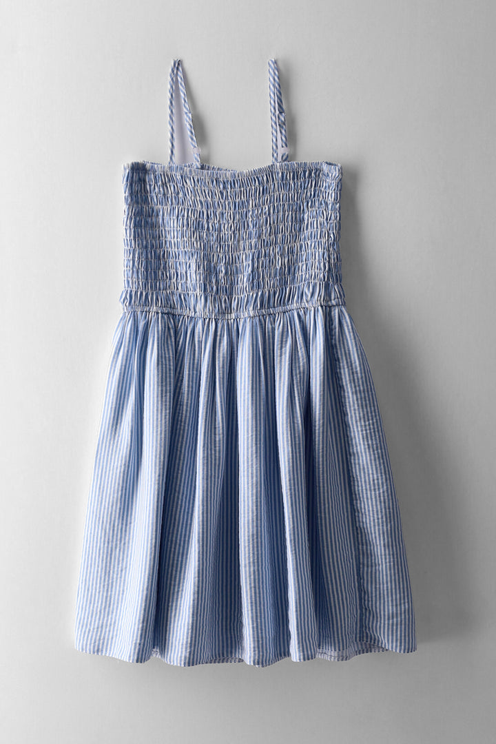 Girls Shirred Bodice Striped Dress - Blue