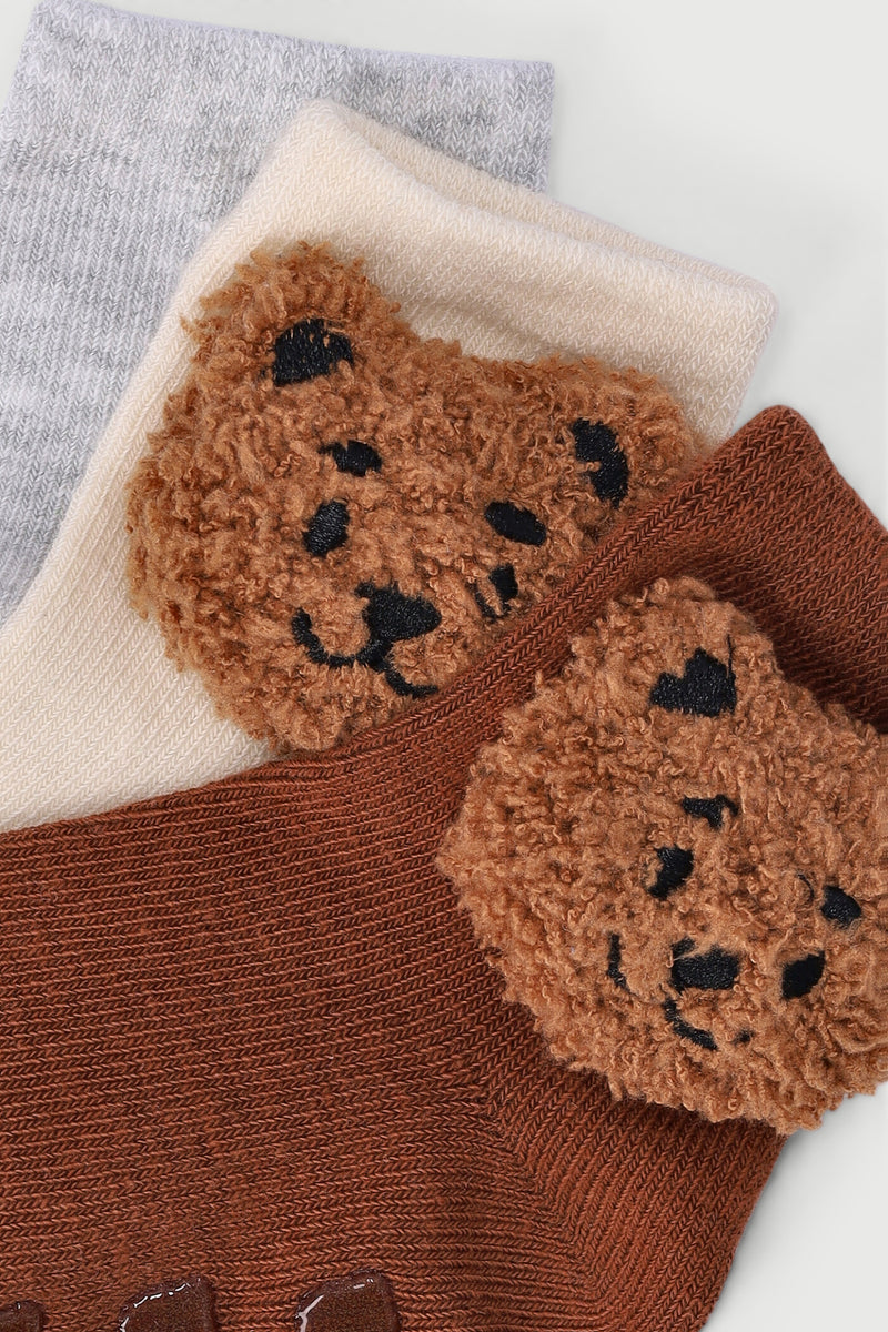 Baby Boys 3 Pack 3D Teddy Cotton Socks - Brown