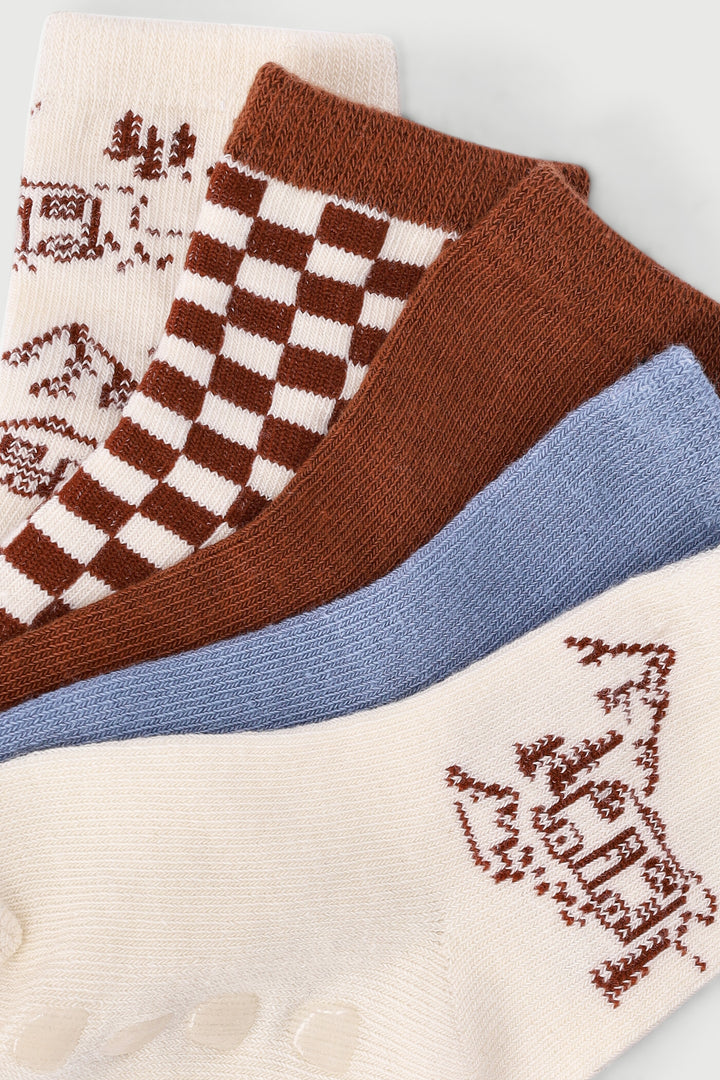 Baby Boys 5 Pack Teddy Checked Cotton Socks - Cream