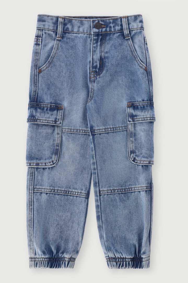 Pre-Boys Acid Wash Cargo Denim - Blue