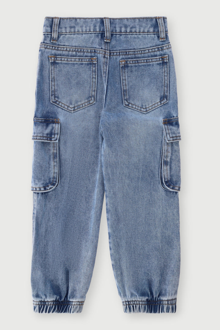 Pre-Boys Acid Wash Cargo Denim - Blue