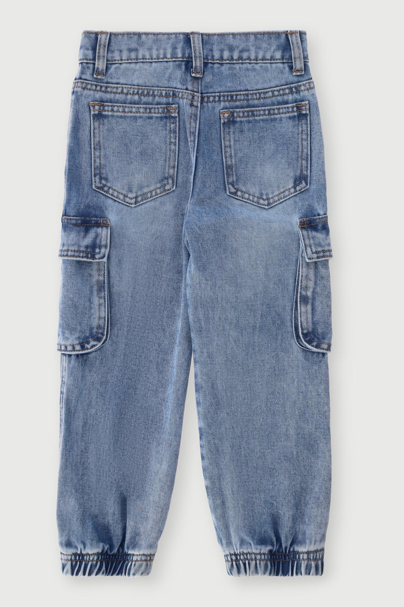 Pre-Boys Acid Wash Cargo Denim - Blue