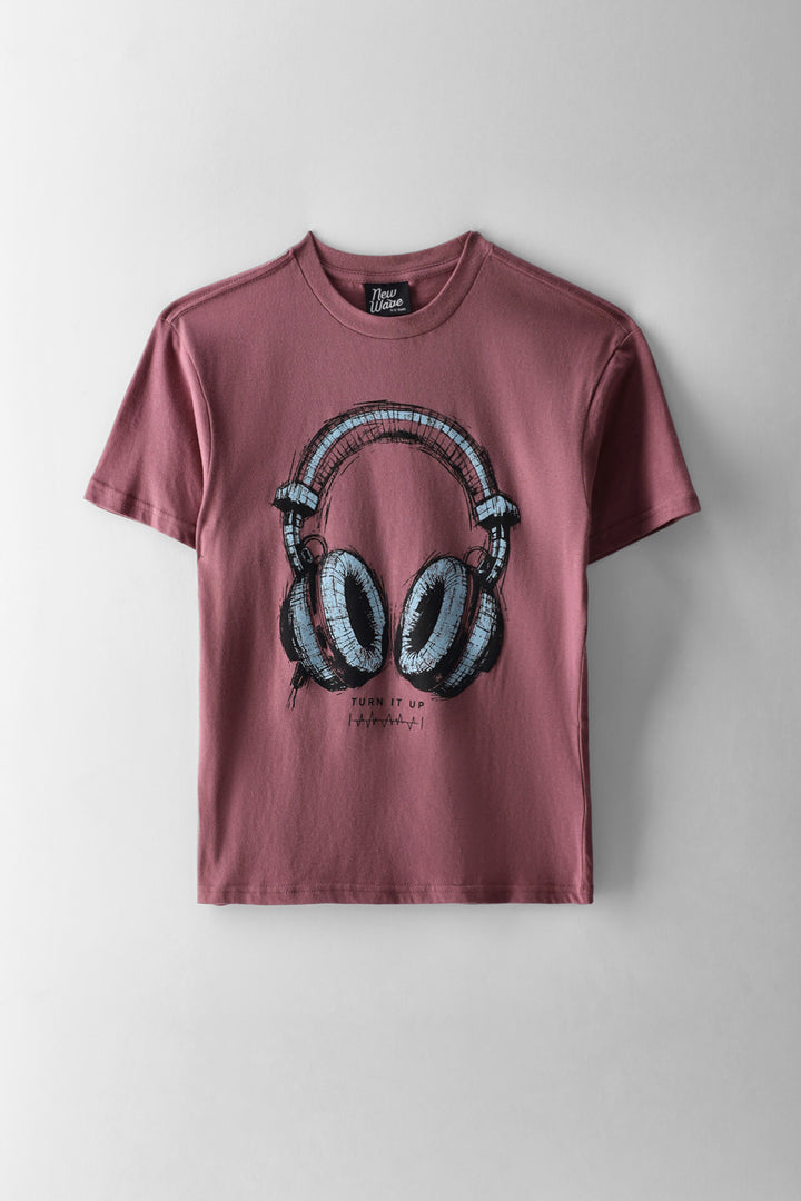 Boys Headphone Print T-Shirt - Berry