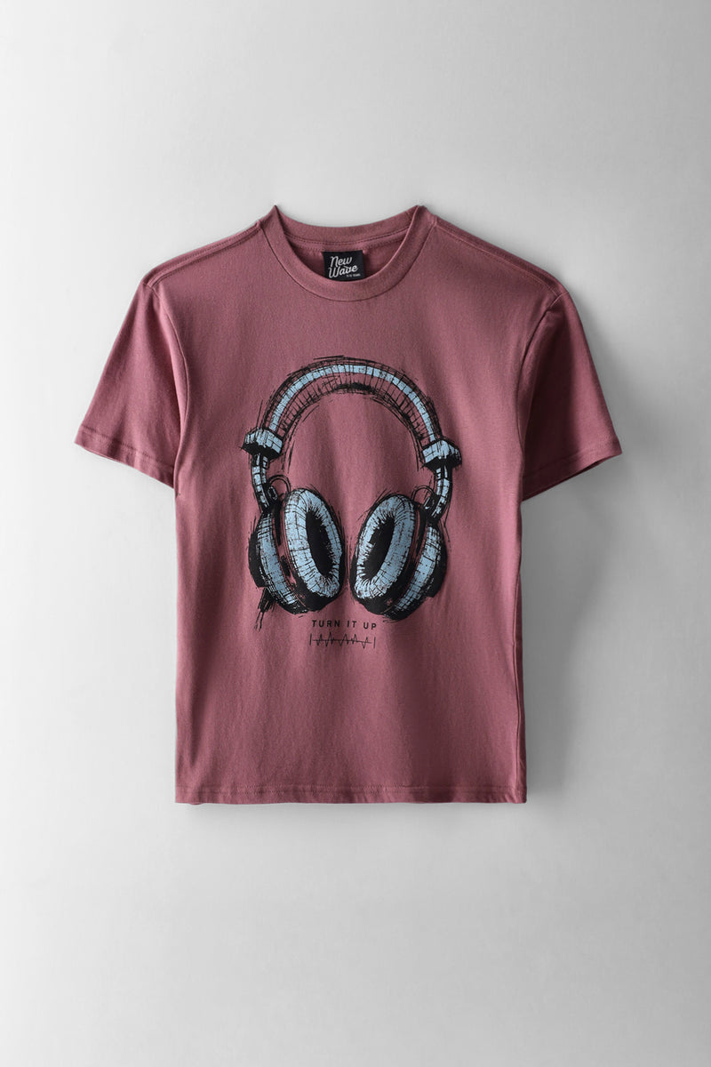 Boys Headphone Print T-Shirt - Berry