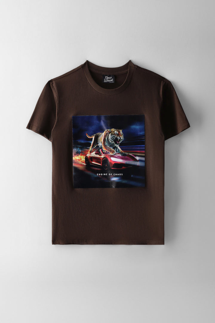 Boys Tiger Car Print T-Shirt - Chocolate