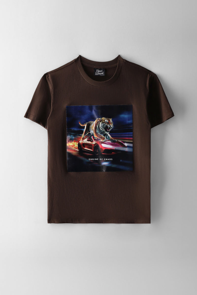 Boys Tiger Car Print T-Shirt - Chocolate