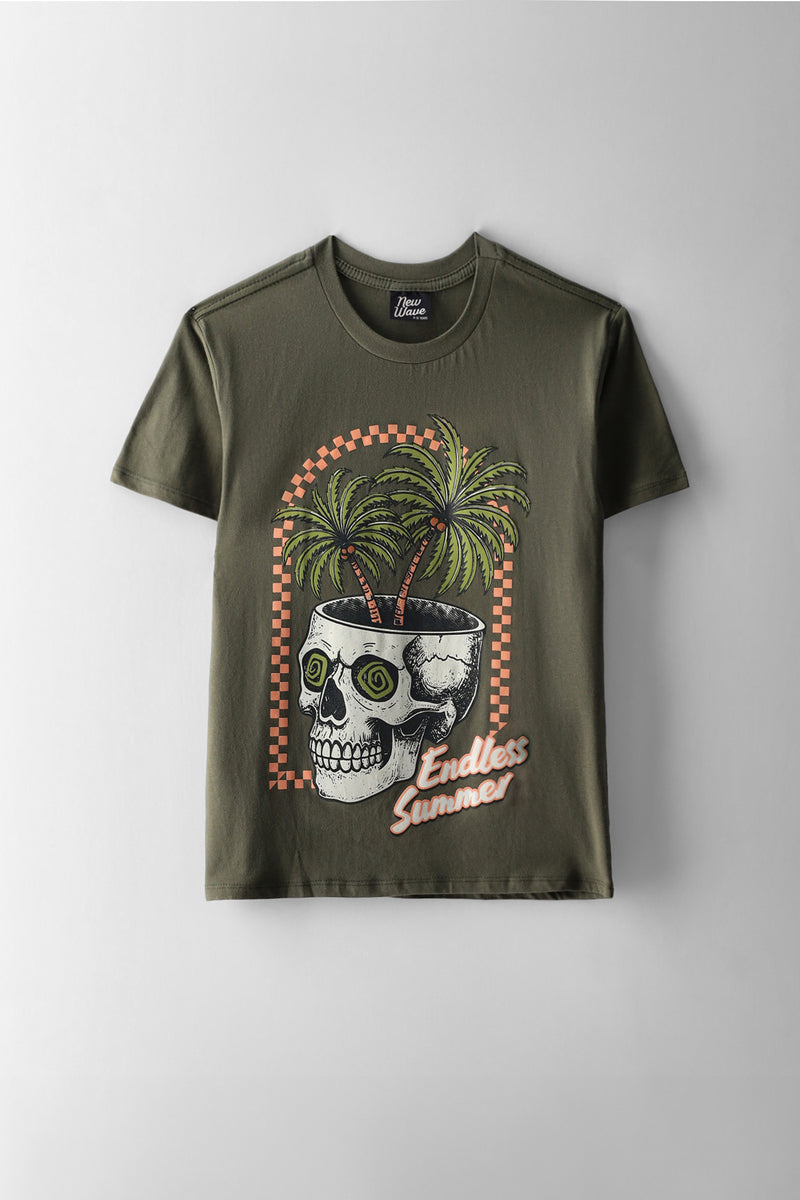 Boys Palm Skull Print T-Shirt - Olive