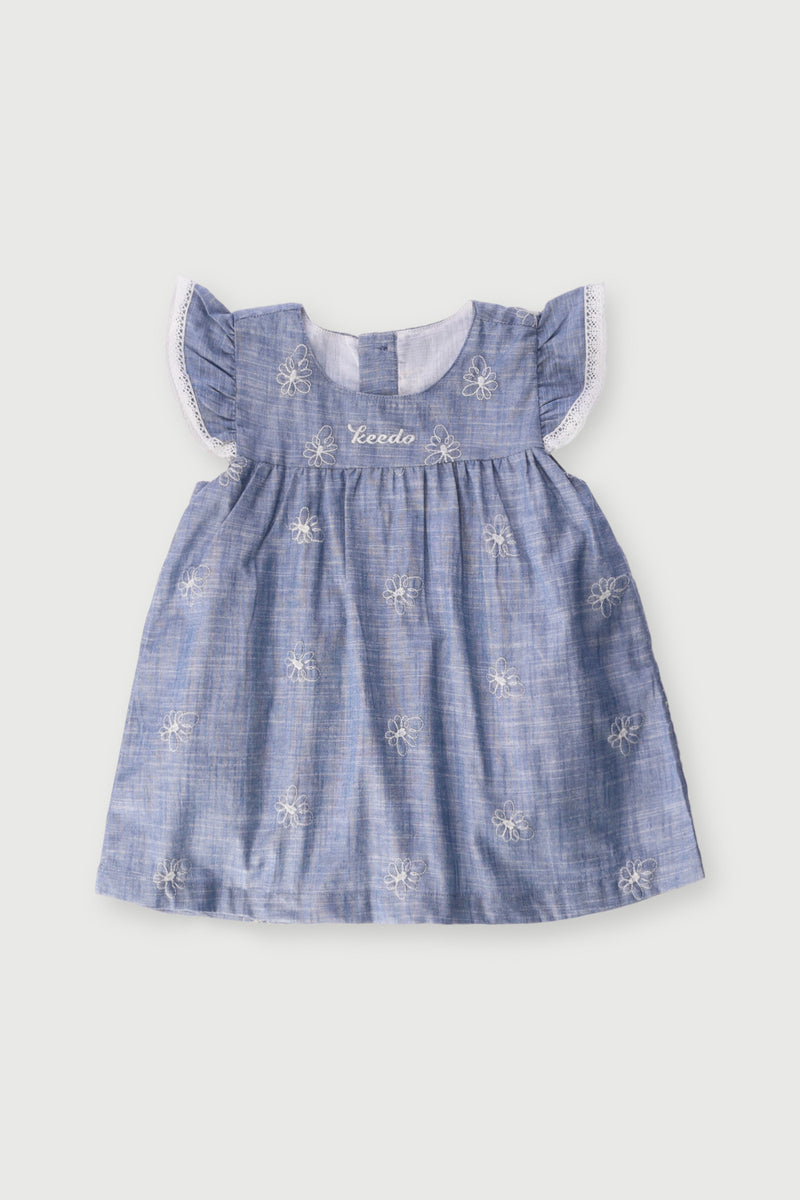 Keedo Baby Girls Chambray Denim Floral Dress - Blue