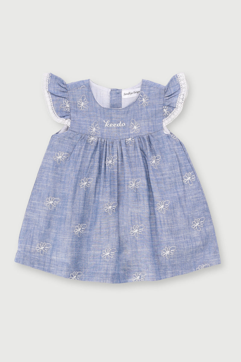 Keedo Girls Chambray Denim Floral Dress - Blue
