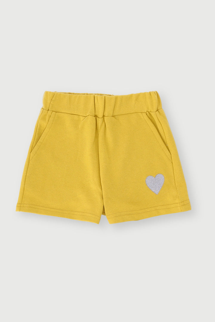 Pre-Girls Heart Print Fleece Short - Yellow