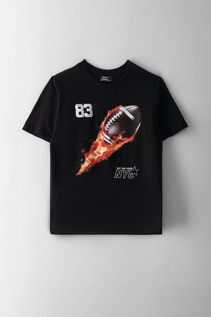 Boys Fire Football Print T-Shirt - Black