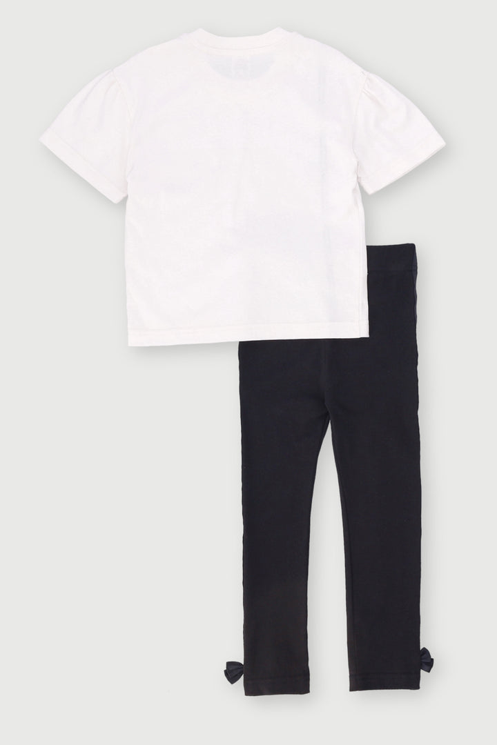 Pre-Girls Tape Bow Legging Set - Cream/Black