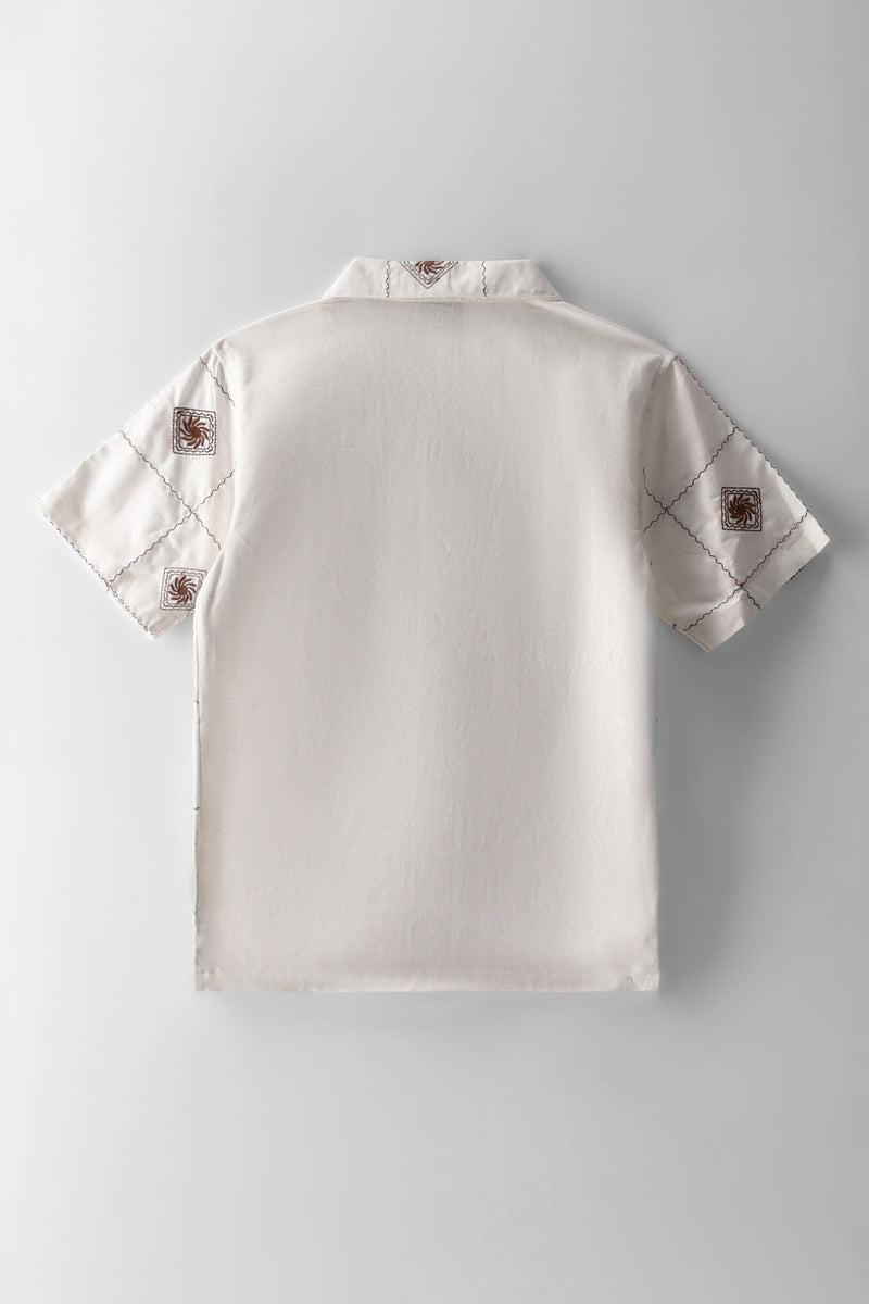 Boys Embroidered Linen Shirt - White/Rust