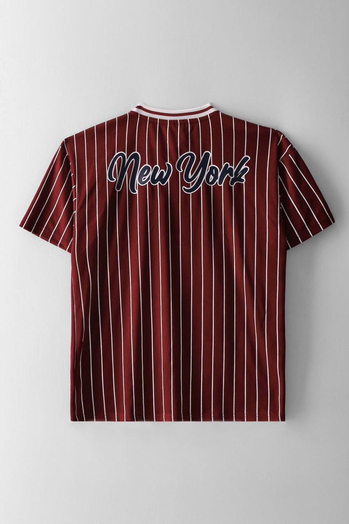 Boys Pinstripe Sports Mesh T-Shirt - Burgundy