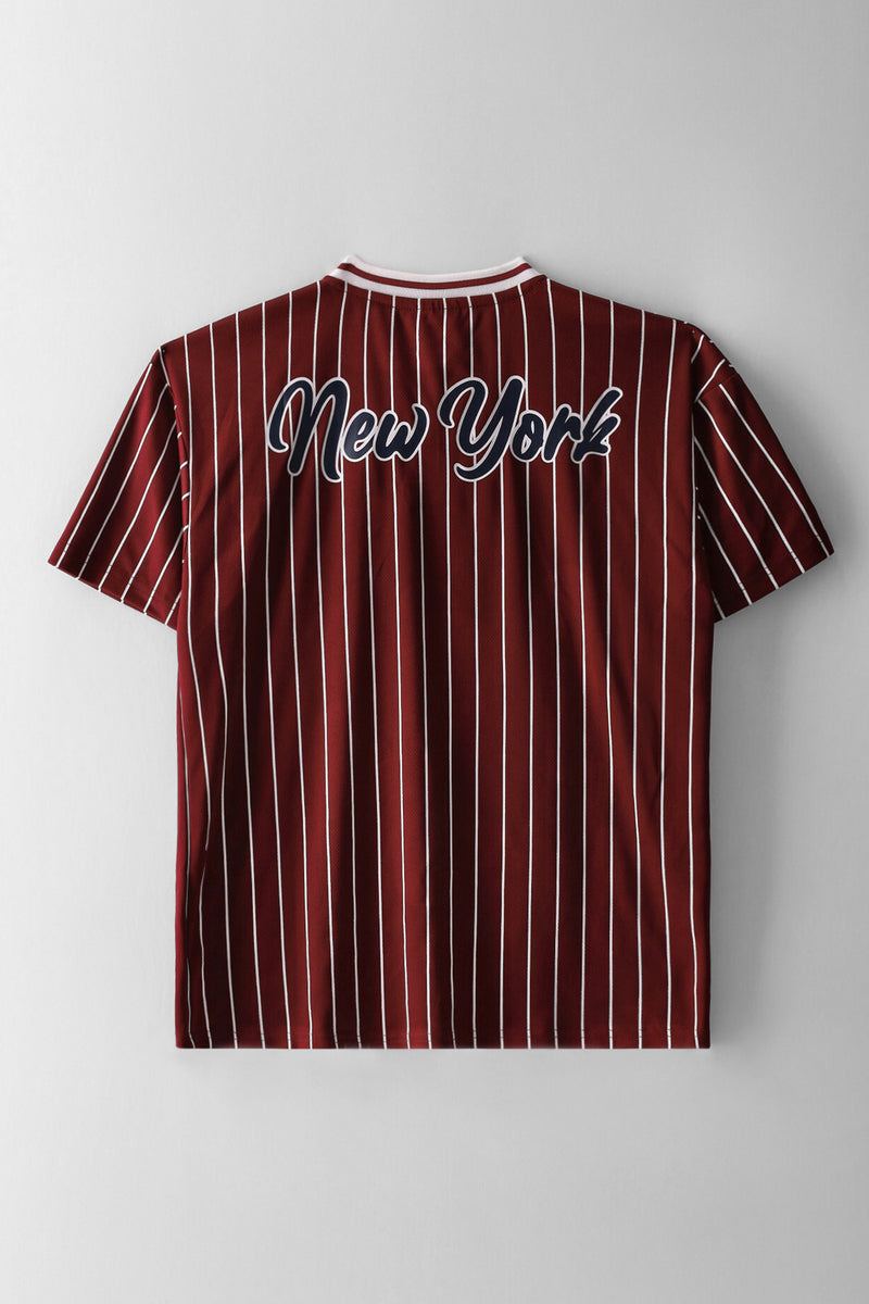 Boys Pinstripe Sports Mesh T-Shirt - Burgundy