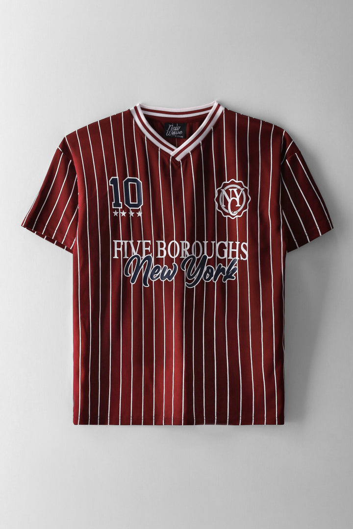 Boys Pinstripe Sports Mesh T-Shirt - Burgundy