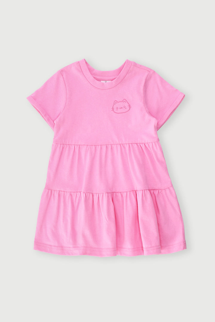 Baby Girls Cat Tiered Embroidery Dress - Pink