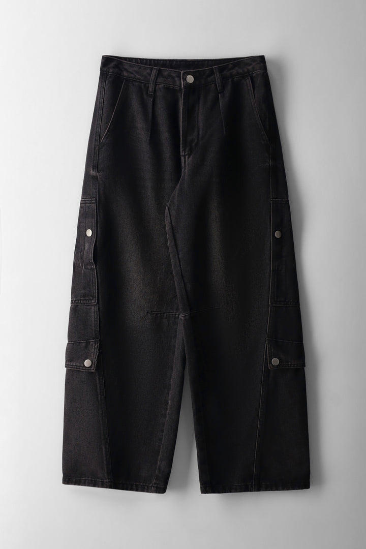 Girls Pleat Front Cargo Denim - Black