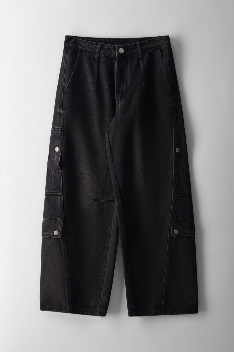 Girls Pleat Front Cargo Denim - Black