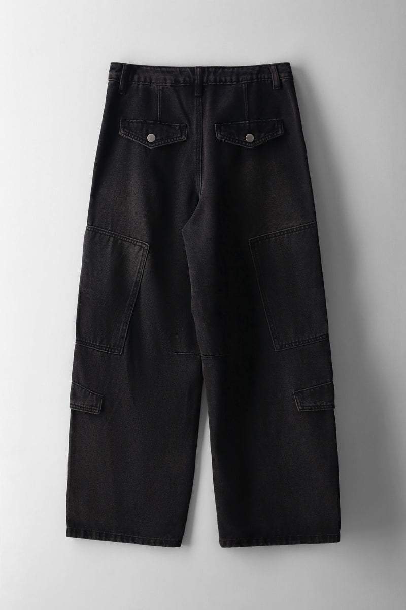 Girls Pleat Front Cargo Denim - Black