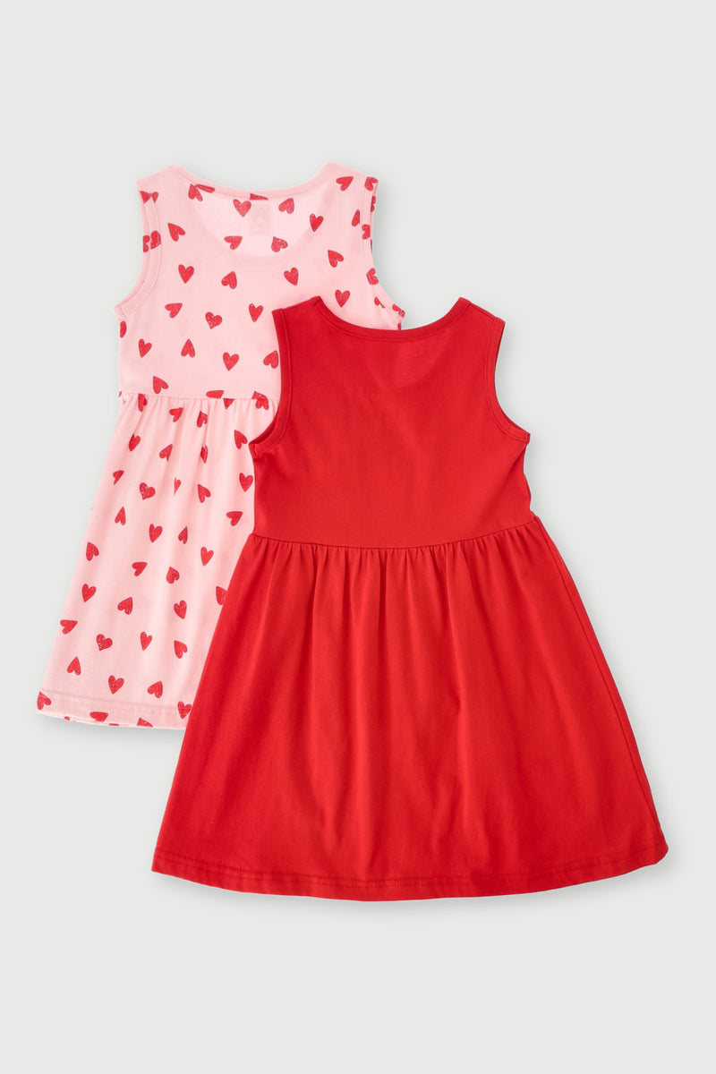 Pre-Girls 2 Pack Hearts Print Dress - Red/Pink