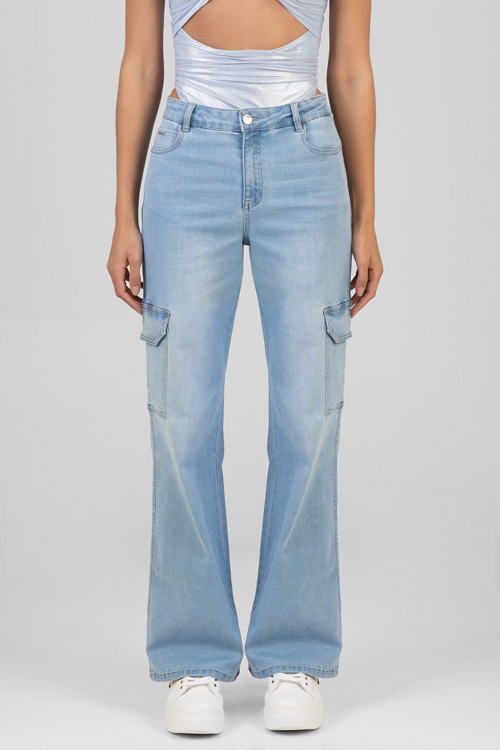 High Waist Wide Leg Cargo Denim - Light Wash