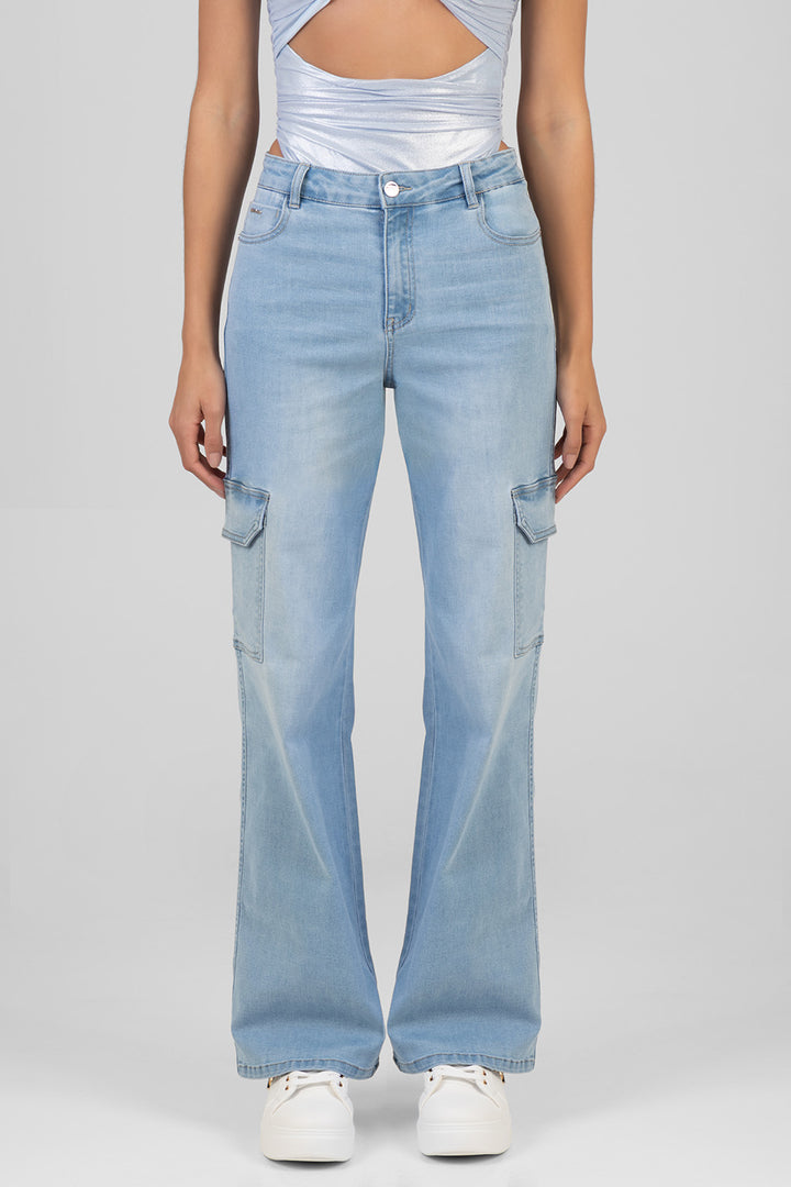 High Waist Wide Leg Cargo Denim - Light Wash
