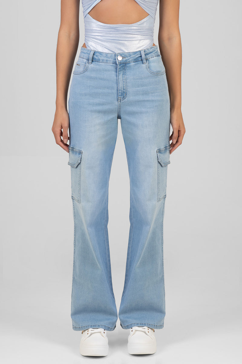 High Waist Wide Leg Cargo Denim - Light Wash