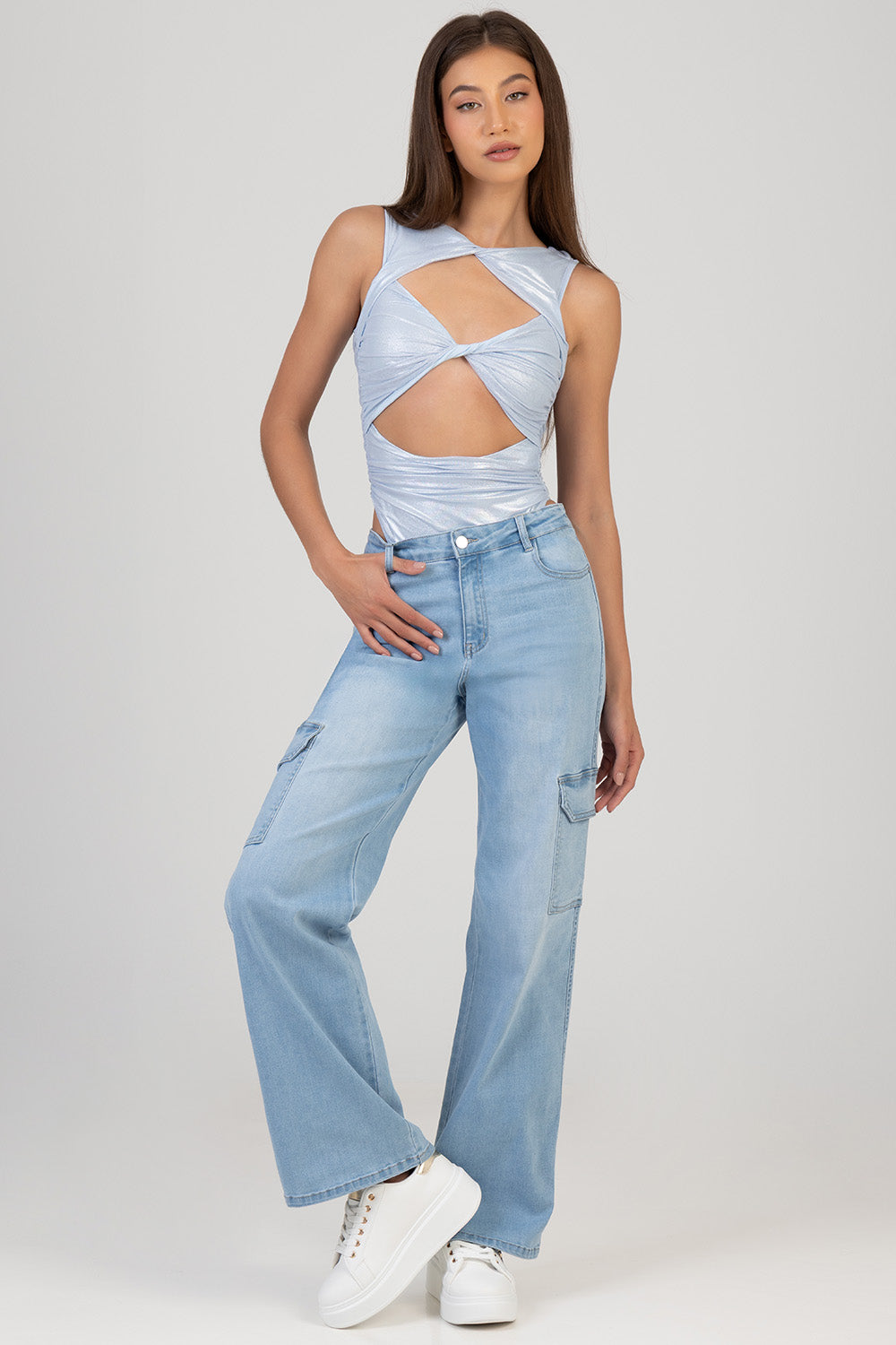High Waist Wide Leg Cargo Denim - Light Wash