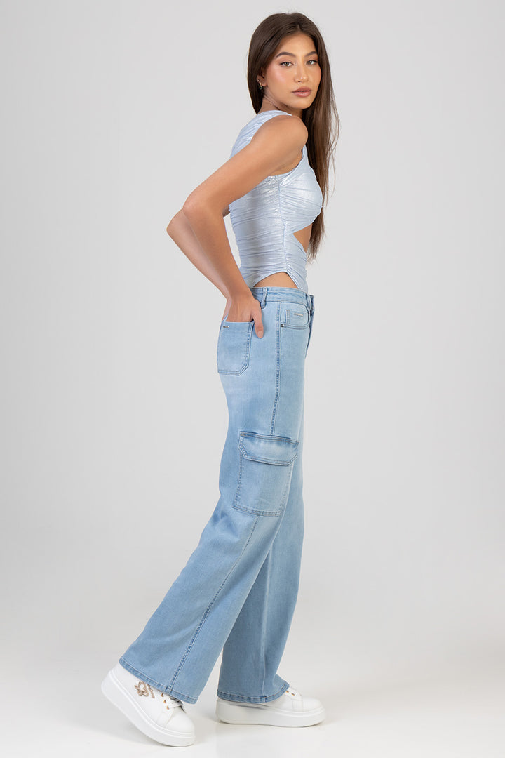 High Waist Wide Leg Cargo Denim - Light Wash