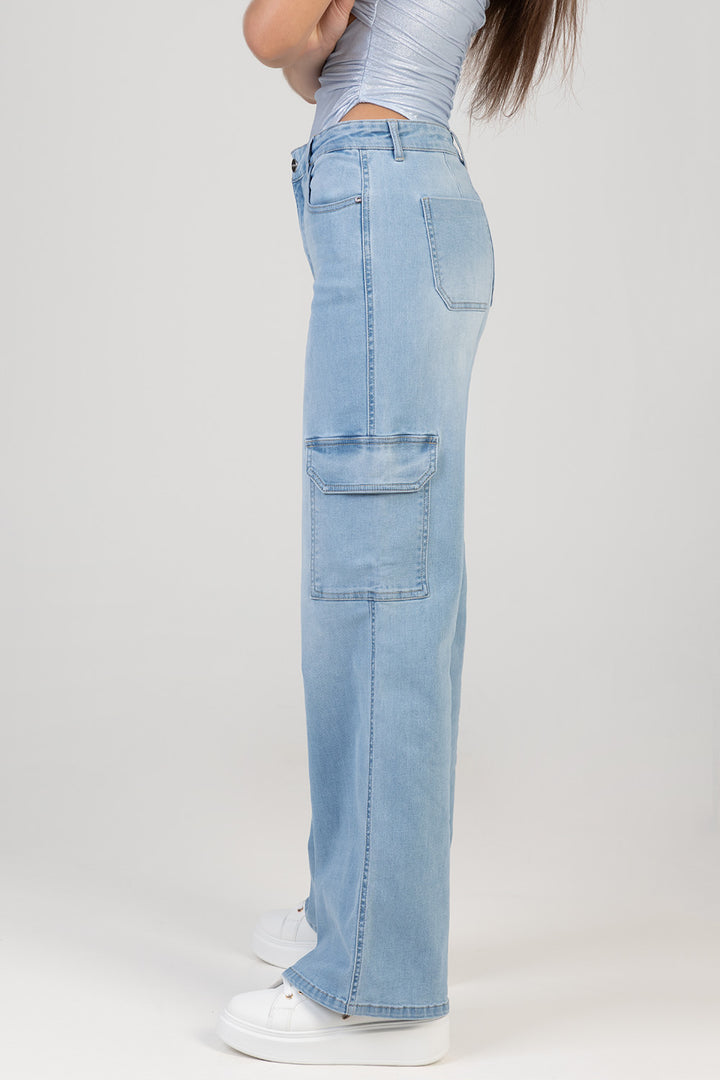 High Waist Wide Leg Cargo Denim - Light Wash
