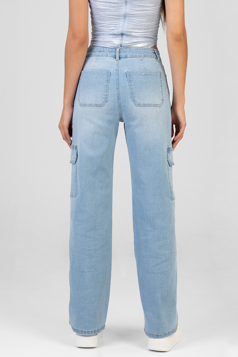 High Waist Wide Leg Cargo Denim - Light Wash