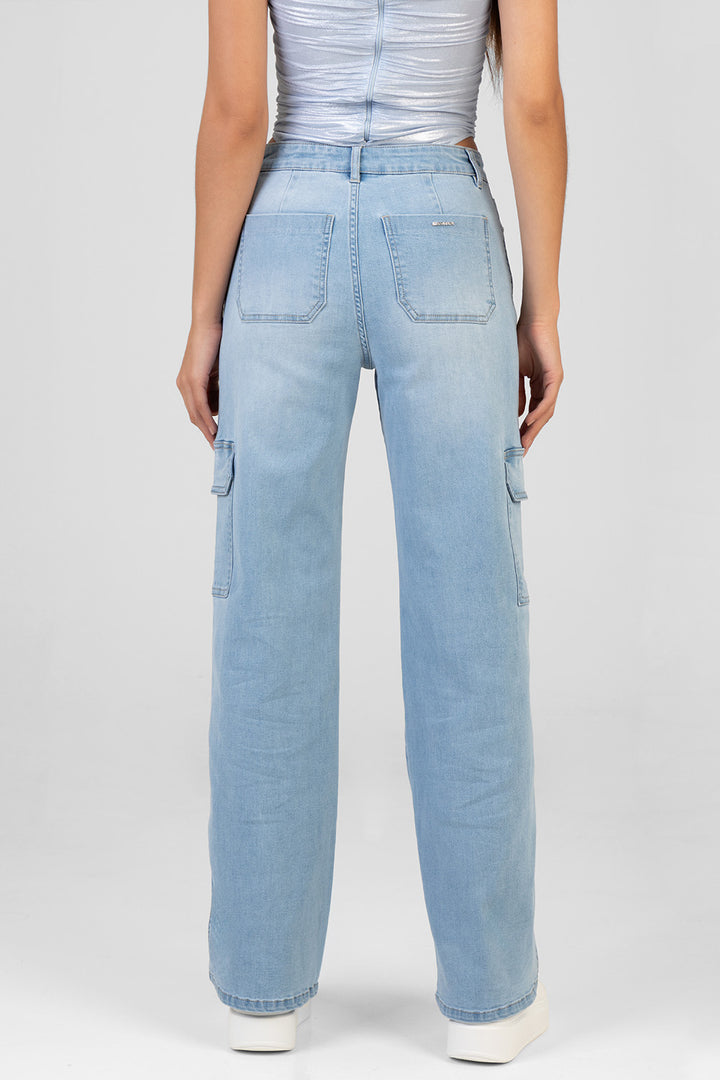 High Waist Wide Leg Cargo Denim - Light Wash