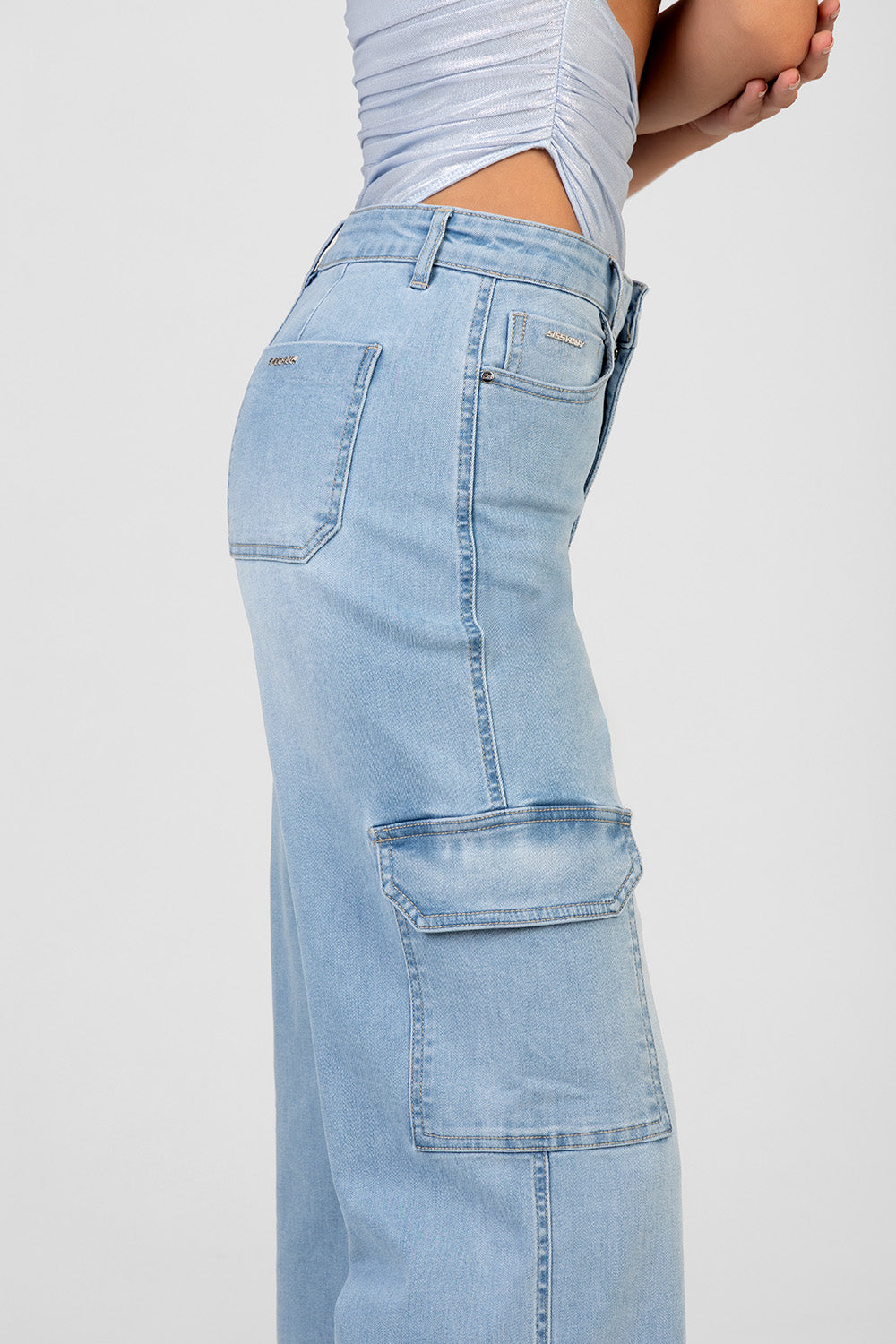 High Waist Wide Leg Cargo Denim - Light Wash